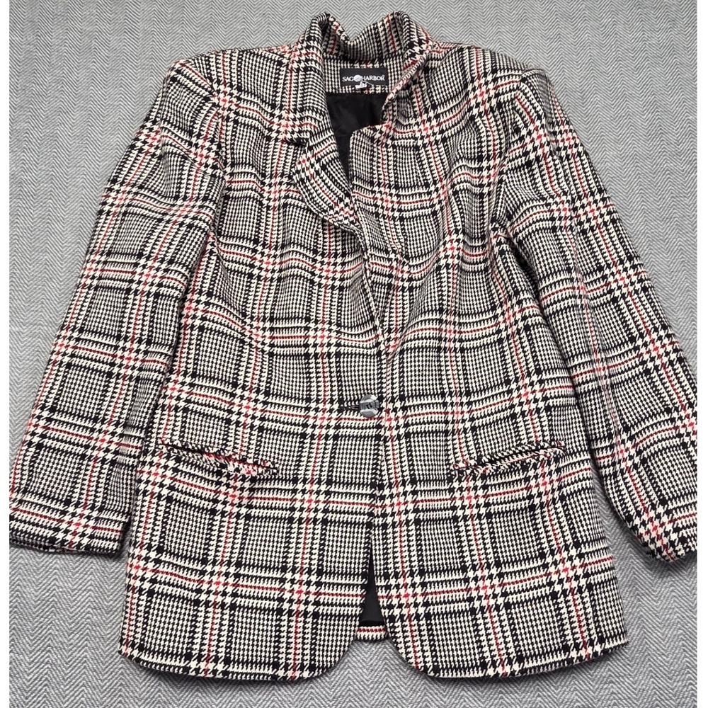 Sag Harbor Vintage Wool Blend Glen Plaid Blazer Black White Red Size 12 8335GM